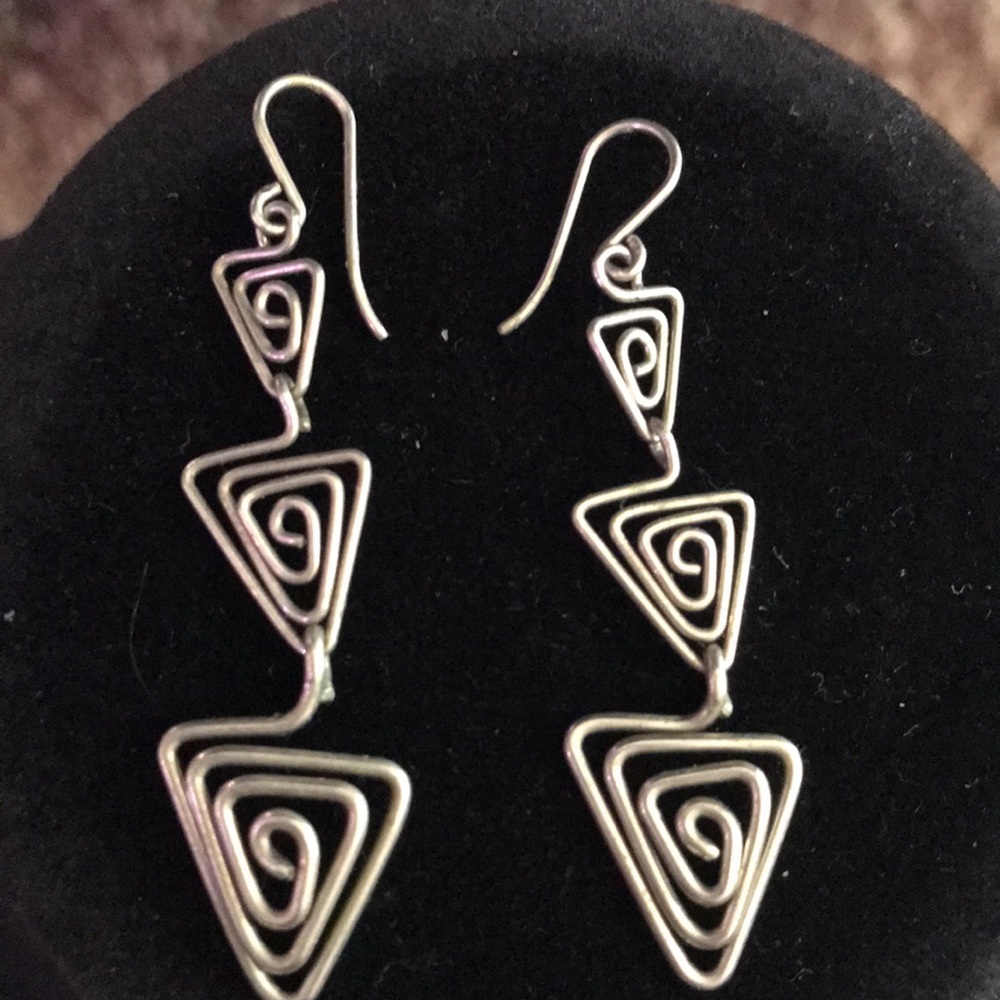 Silver Tone Artisan Triple Triangle Pierced Wire Dangle Squiggle Earrings